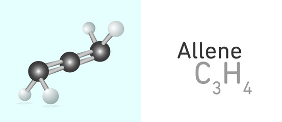 Allene, propadiene (C3H4) gas molecule. Stick model. Structural Chemical Formula and Molecule Model. Chemistry Education