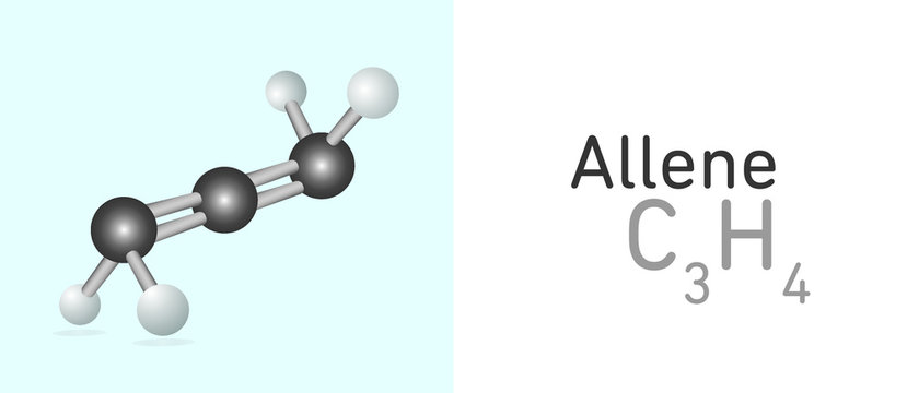 Allene, propadiene (C3H4) gas molecule. Stick model. Structural Chemical Formula and Molecule Model. Chemistry Education