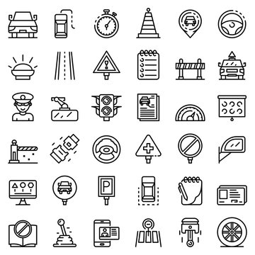 Driving School Icons Set. Outline Set Of Driving School Vector Icons For Web Design Isolated On White Background