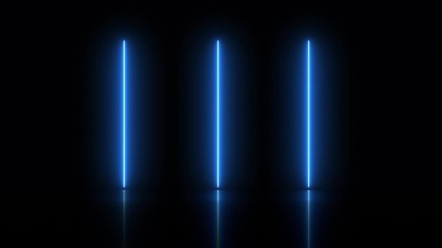 Three blue glowing neon fluorescent light rods on black background