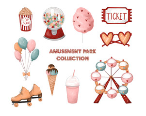 Amusement park collection. Ferris wheel, cotton candy, popcorn, ice cream and sweets, milkshake. Hand-drawn illustrations on white isolated background