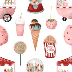 Amusement park, seamless pattern with carnival items, cotton candy, sweets