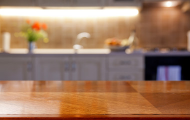 blurred kitchen interior and desk space home background