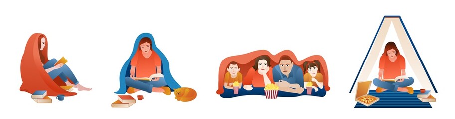 Blanket home. Set of colorful vector illustration. People read and watch tv at home.