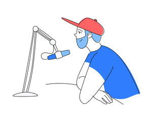 Fototapeta premium Radio host doodle drawing. Female podcaster speaking to mic microphone