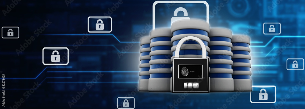 Poster 3d illustration database storage security concept. disk with lock