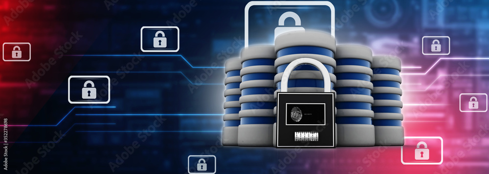 Poster 3d illustration database storage security concept. disk with lock