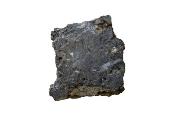 A piece of basalt stone isolated on white background. There is noise and grain caused by the texture of the stone.