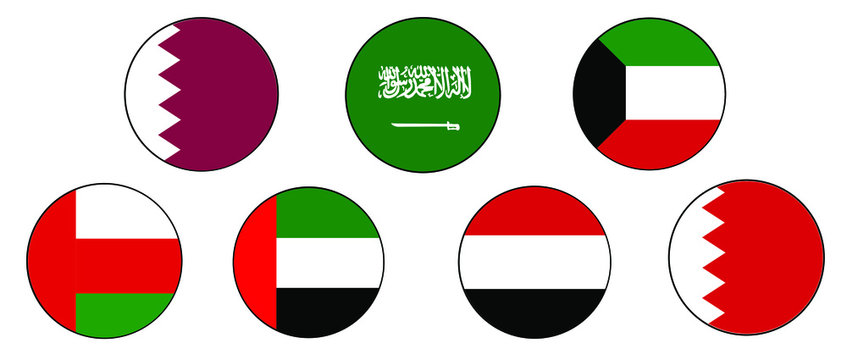 GCC Gulf Country Middle East Flag Icon set on isolated white background. United Arab Emirates, Kuwait, Qatar, Bahrain, Saudi Arabia, Yemen and Oman.	