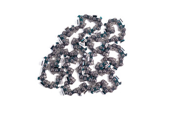 On white background. metal chain for chainsaw. Close-up. Horizontal photo