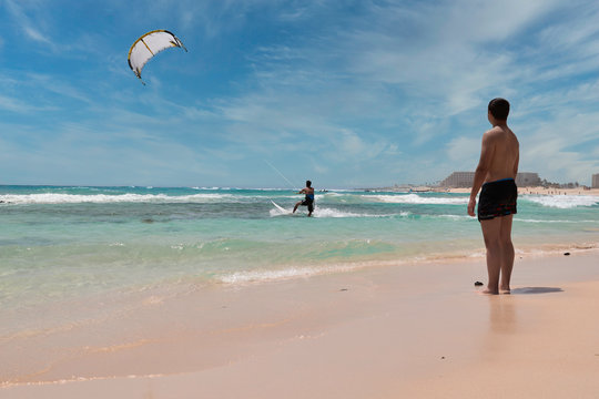 Man skysurfing on the beaches of the Dunes of Corralejo, Fuerteventura