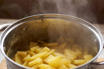 Cooked hot potatoes in a pan.