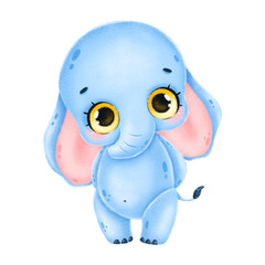 Illustration of a cute cartoon blue elephant with big eyes stands isolated on a white background