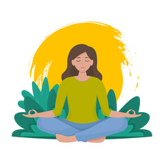 Obraz na płótnie Canvas Woman meditating on nature leaves background. Yoga, sport, recreation, relax concept. Vector illustration in flat style