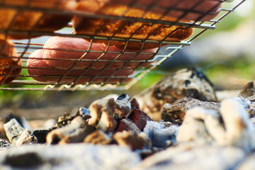 Sausages on the grill over the coals of a bonfire on a picnic.