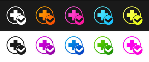 Set Cross hospital medical icon isolated on black and white background. First aid. Diagnostics symbol. Medicine and pharmacy sign. Vector