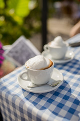 Cafe coffee espresso summer terrace restaurant on Dobrota streets Montenegro  trip travel summer spring