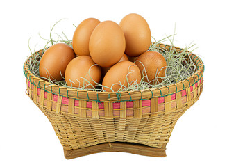 Eggs in basket isolated on white background. Organic chicken eggs contain protein , can cooking food.