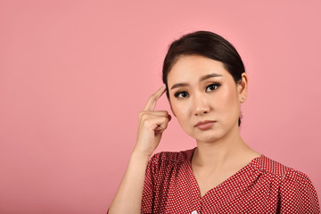 Thoughtful confused and dizzy asian woman, Girl's face expression feeling worry messy problems on...