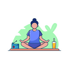 Flat Outline Illustration Vector Graphic of People Meditation at Home while Listening to Radio. Nature Background. Healthy Life.