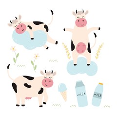 Set of cute cows isolated on a white background. Vector illustration for printing on fabric, paper, design for packaging with dairy products.