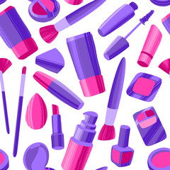 Seamless pattern with flat style colorful makeup icons.
