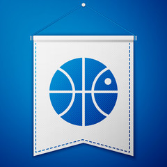 Blue Basketball ball icon isolated on blue background. Sport symbol. White pennant template. Vector