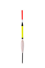Long cylindrical tricolor fishing float for fishing with a fishing rod, fishing accessories on a white background