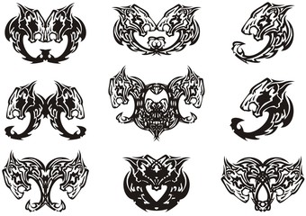 Ornate symbols created from tiger head and eagle element. Abstract double symbols formed by tiger head and eagle element for tattoos, prints, embroidery, engraving, textiles, etc.