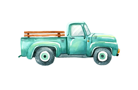 Vintage watercolor turquoise truck, hand draw llustration of old retro car on a white background