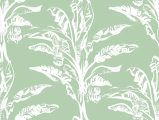 seamless pattern with a banana palm with tropical leaves drawn with a dry brush in two colors