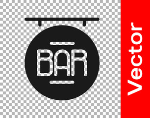 Black Street signboard with inscription Bar icon isolated on transparent background. Suitable for advertisements bar, cafe, restaurant. Vector