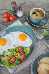Fried eggs,  bacon, tomato, toast and a cup of coffee