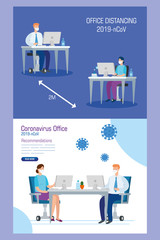 set banners campaign of social distancing at office for covid 19 vector illustration design
