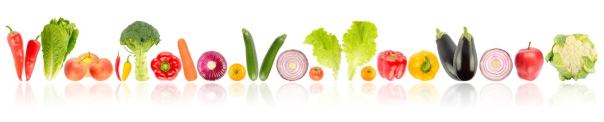 Ripe fruits and vegetables in row with light reflection isolated on white