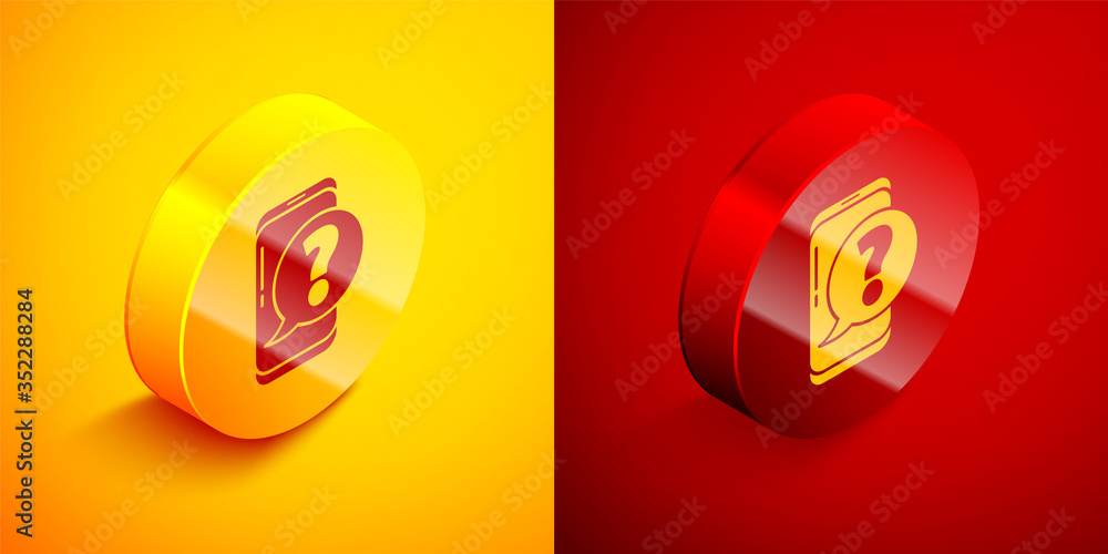 Poster isometric mobile phone with question icon isolated on orange and red background. circle button. vect