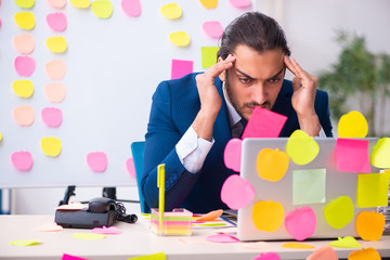 Young male employee in conflicting priorities concept