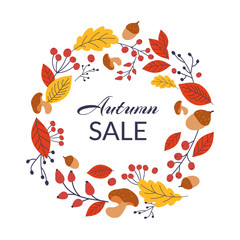 Banner for autumn sale in frame from leaves. Vector illustration, Hand-drawn style, inscription. Wreath isolated on white background.
