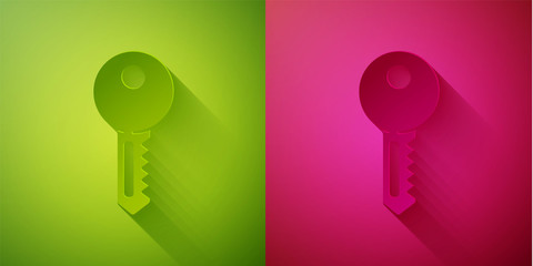 Paper cut House key icon isolated on green and pink background. Paper art style. Vector