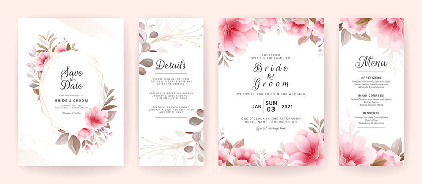 Set of wedding invitation template with brown floral frame & border. Flowers decoration vector for save the date, greeting, details, menu, etc