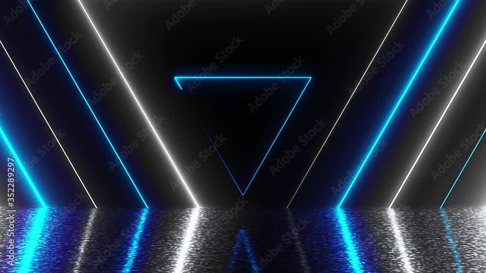 Poster many neon triangles in space, abstract computer generated backdrop, 3d rendering backdround