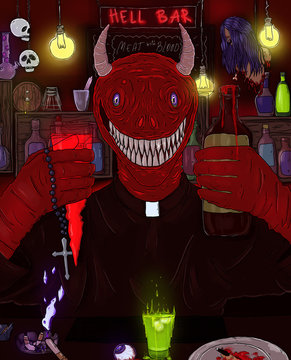 happy hell bar with devil and dead girl