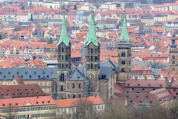 Towers of Bamberg cathedral. Four spires with the characteristic green rooftop.