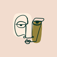 Modern abstract Face. Cubism painting style. Contemporary female or male silhouette. Hand drawn Outline Vector isolated illustration. Continuous line, minimalistic concept