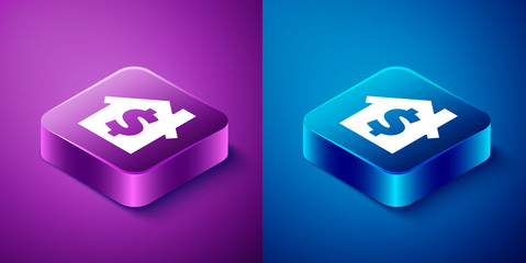 Isometric House with dollar symbol icon isolated on blue and purple background. Home and money. Real estate concept. Square button. Vector