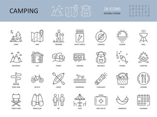 Vector camping icons. Editable Stroke. Summer camping hiking canoe mountains. Landscape forest tent caravan. Bonfire matches grill cooking on a bonfire. Picnic hammock backpack binoculars map - obrazy, fototapety, plakaty