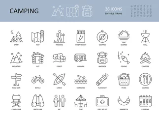 Foto op Aluminium Vector camping icons. Editable Stroke. Summer camping hiking canoe mountains. Landscape forest tent caravan. Bonfire matches grill cooking on a bonfire. Picnic hammock backpack binoculars map © Irene