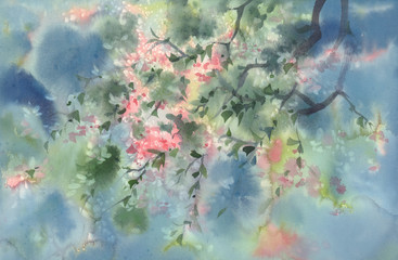 Fototapeta na wymiar Flowering tree branches in spring watercolor background