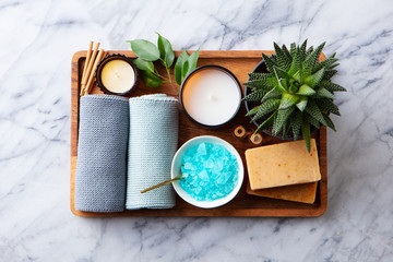 Spa, massage, wellness treatments set. Marble background. Top view.