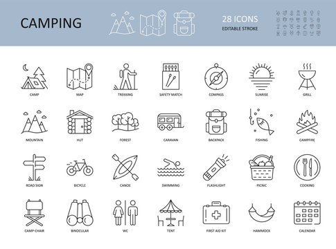 Vector camping icons. Editable Stroke. Summer camping hiking canoe mountains. Landscape forest tent caravan. Bonfire matches grill cooking on a bonfire. Picnic hammock backpack binoculars map
